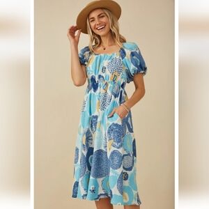 Hayden LA Square Neck Blue Abstract Floral Cotton Linen Puff Sleeve Midi Dress